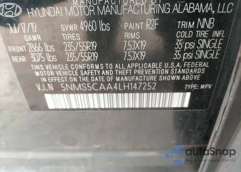 2020 Hyundai Santa Fe Limited 2.0T z USA, uszkodzony, nr VIN 5NMS5CAA4LH147252